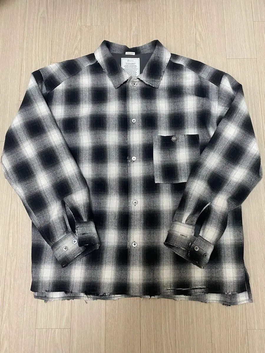BONR ROW ボンロウ ダメージ オーバCHECKシャツ ブラック ホワイト 3