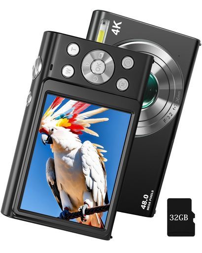 4 Kデジタルカメラ4800万画素デジカメAF機能3 cmマクロ撮影ビデオカメラ動画撮影タイムラプススローモーション学生修学旅行子供利用 オートフォーカス超軽量初心者セット電池 32 gカー…