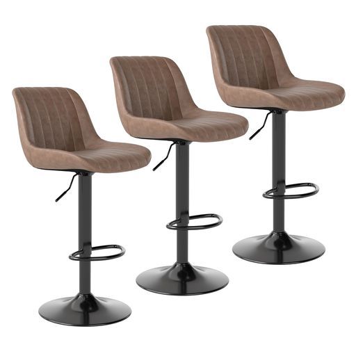 Youhauchairカウンターチェア3脚セット背もたれハイチェア調節 回転バーチェア足置き昇降式ハイチェアフェイクPUレザーキッチンチェアブラウン