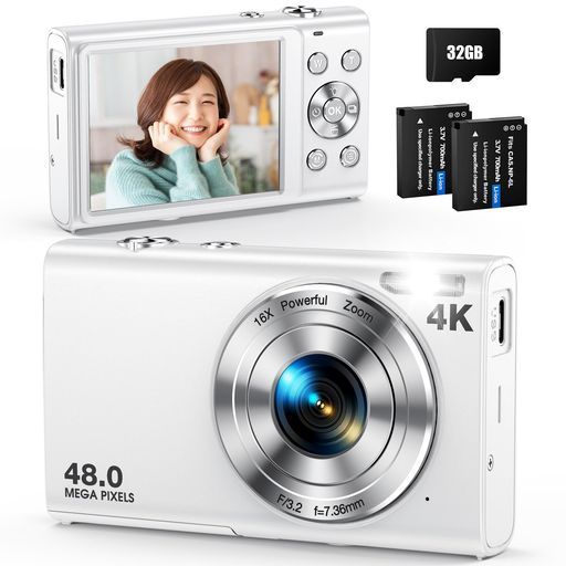 デジタルカメラ4 KデジカメAnteamAFオートフォーカス4800万画素32 GBカード付きコンデジ16倍デジタルズームバッテリー 付手ぶれ補正自撮りコンパクトカメラ2.88インチIPSスクリーン軽量初心…