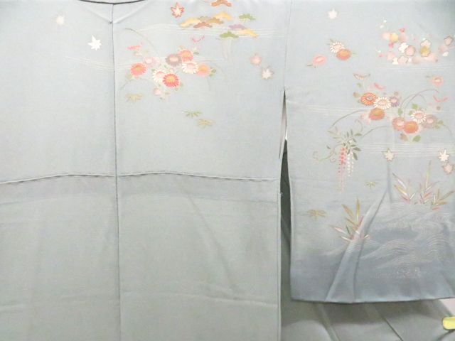 京松 訪問着 昭和レトロ 刺繍 流水に花 金糸 正絹 着物 身丈約165 cm 裄丈約64 kyo 7 z 12-1573