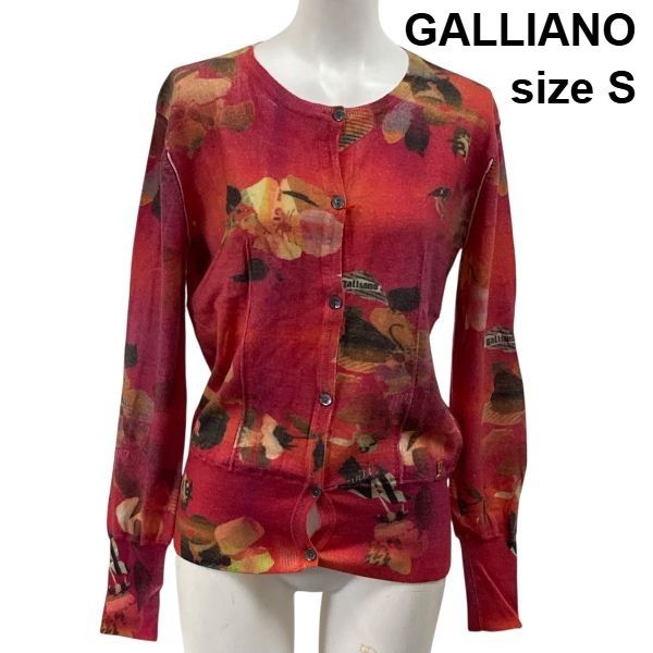 ガリアーノ 総柄 ニットカーディガン 長袖 クルーネック マルチカラー コットン S 7号-９号 細身 レディース 6 A 016