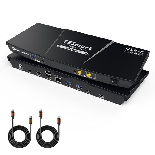 TESmart 8 K 60 Hz 2入力1出力USB-CKVMスイッチ2モニター1 PC用USB 3.0 PD充電KVM切替器4 120 Hz|144 HzEDID機能ギガビットLANポートL|Rオーディオポートホットキー切替