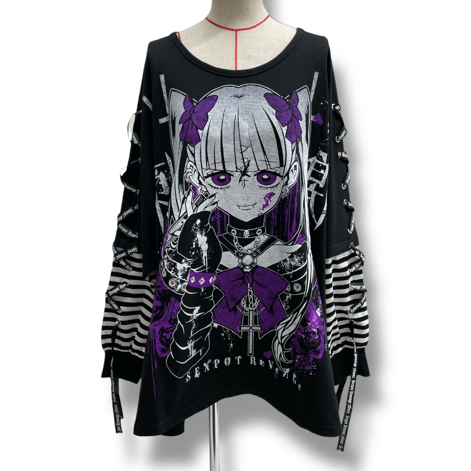 タグ付 ♥ Sexpot Revenge 刺激 BORDER LACE UP SLEEVE BIG ドルマン カットソー トップス 地雷系 ブラック パープル ホワイト 黒 紫 白 サイズF レディース ゴーゴー No.1438