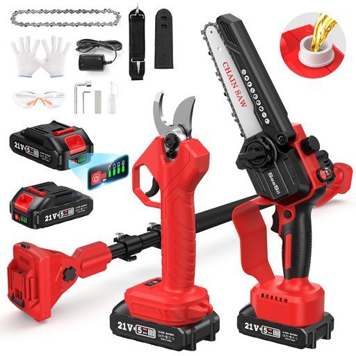 SEESII高枝チェーンソー電動6インチ充電式ハンディチェーンソー剪定鋏セットコードレス一台四役伸縮ポール 125〜250 cm無段階調整 オイルボトル搭載パワフル木工用切断 高枝剪定 庭木の…
