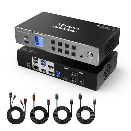 TESmartKVMスイッチ2入力3出力USB-C HDMI DisplayPortMST対応KVM切替器USB 3.04 K 60 Hz 2 PC 3モニター用1000 MbpsLANポート充電対応ホットキーEDID機能