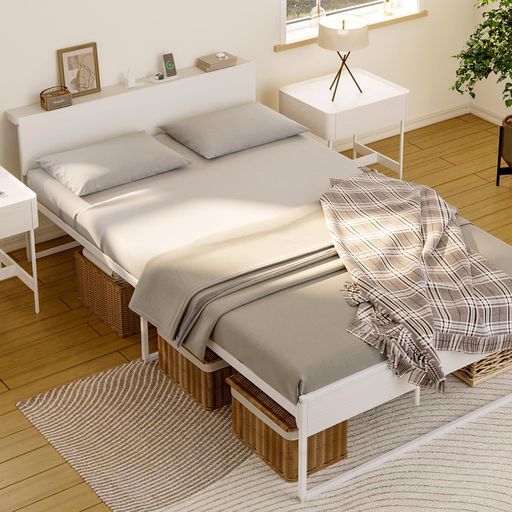 口コンセントベッドフレーム宮棚付きセミダブルベッド静音パイプベッド高耐荷重床下高さ30 cm収納付き組立簡単スチールベッドカビ防止アイアンベッド脚付きフレームのみ頑丈 ホ…