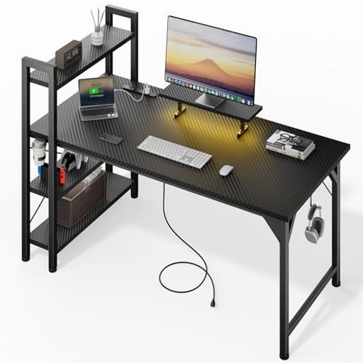 DOMICONゲーミングデスクコンセント付き幅120 CM棚付き収納モニター台付きパソコンデスクpcデスクオフィスデスク学習机作業机computerdesk电競卓おしゃれ組立簡単黒