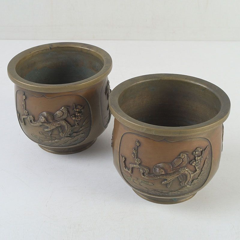 中国 古銅宣徳銅 松竹梅鳥文 香炉 一對 M S 553