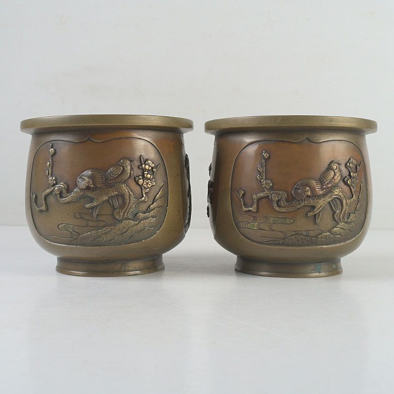 中国 古銅宣徳銅 松竹梅鳥文 香炉 一對 M S 553