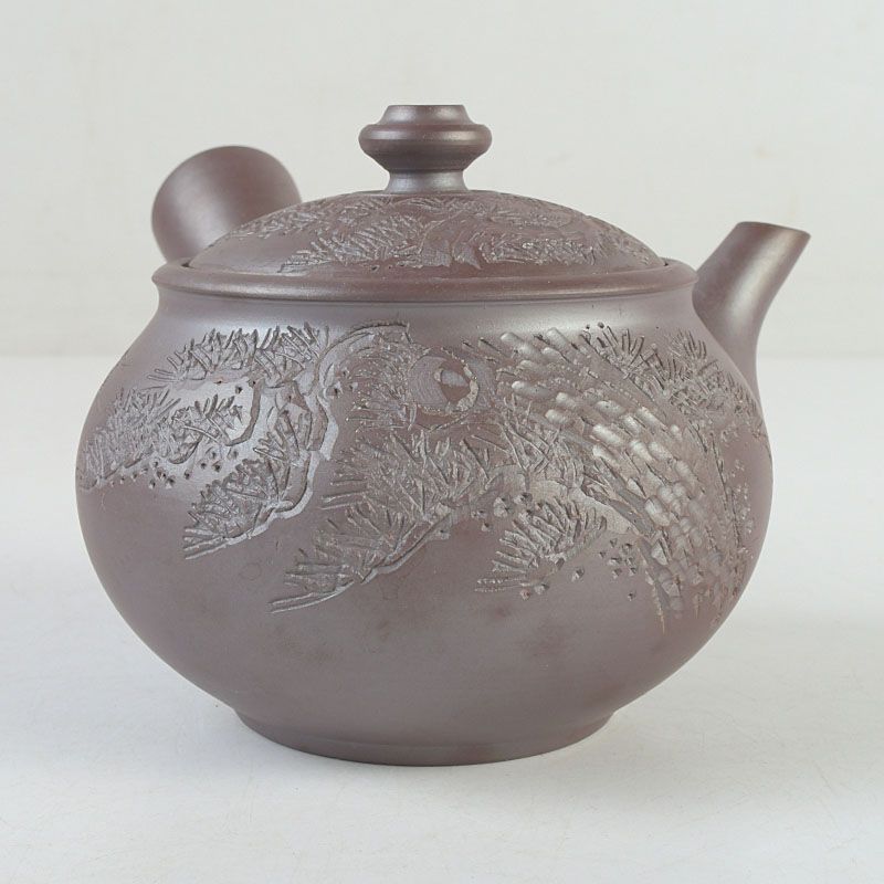 煎茶道具 常滑焼 一茶造 花刻 横手急須 共箱 M S 554