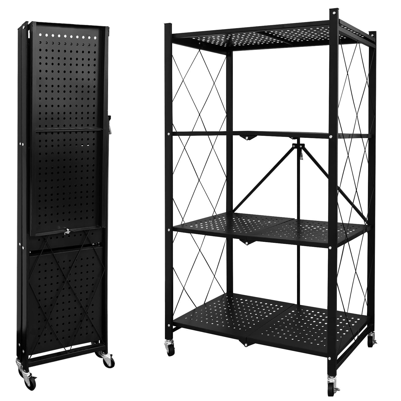 PakOne 折り畳みラック 折りたたみ 折り畳み メタルラック 収納ラック 折り畳み棚 オープンラック 折りたたみ式 360°キャスター付き 組立簡単 移動便利 家庭用収納 キッチン 寝室 ブラック 4段