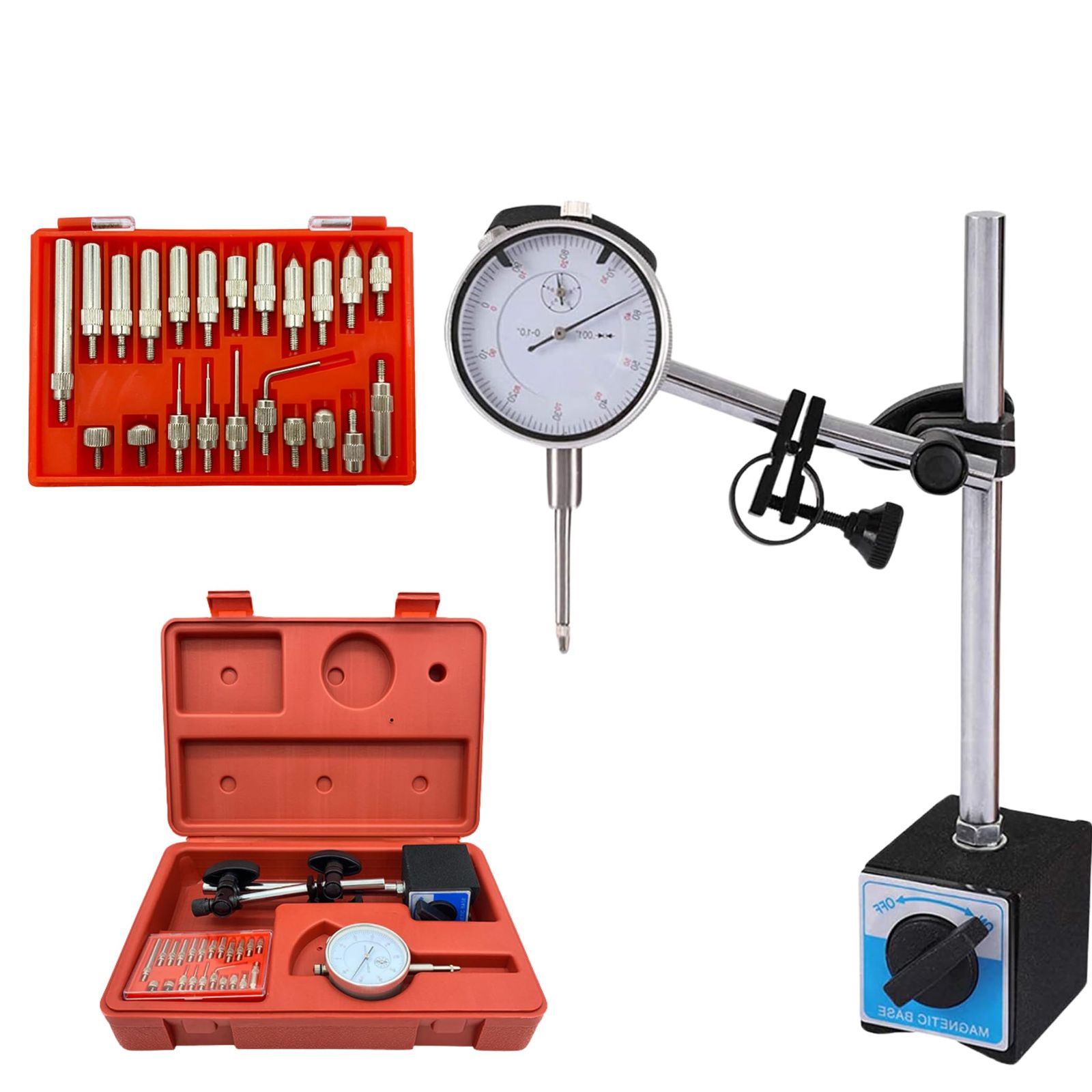 ダイヤルインジケーター 赤 ダイヤルゲージ 22種アダプター 0.01 mm|10 mm 精密 測定器 工具 計測 マグネット スタンド ホルダー