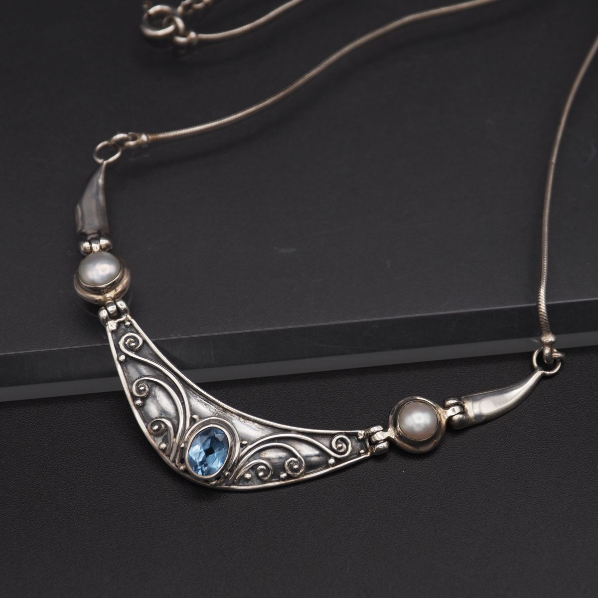 L 868 ブルートパーズ 淡水真珠 パール 925刻印 ネックレス デザイン シルバー ヴィンテージ 誕生石