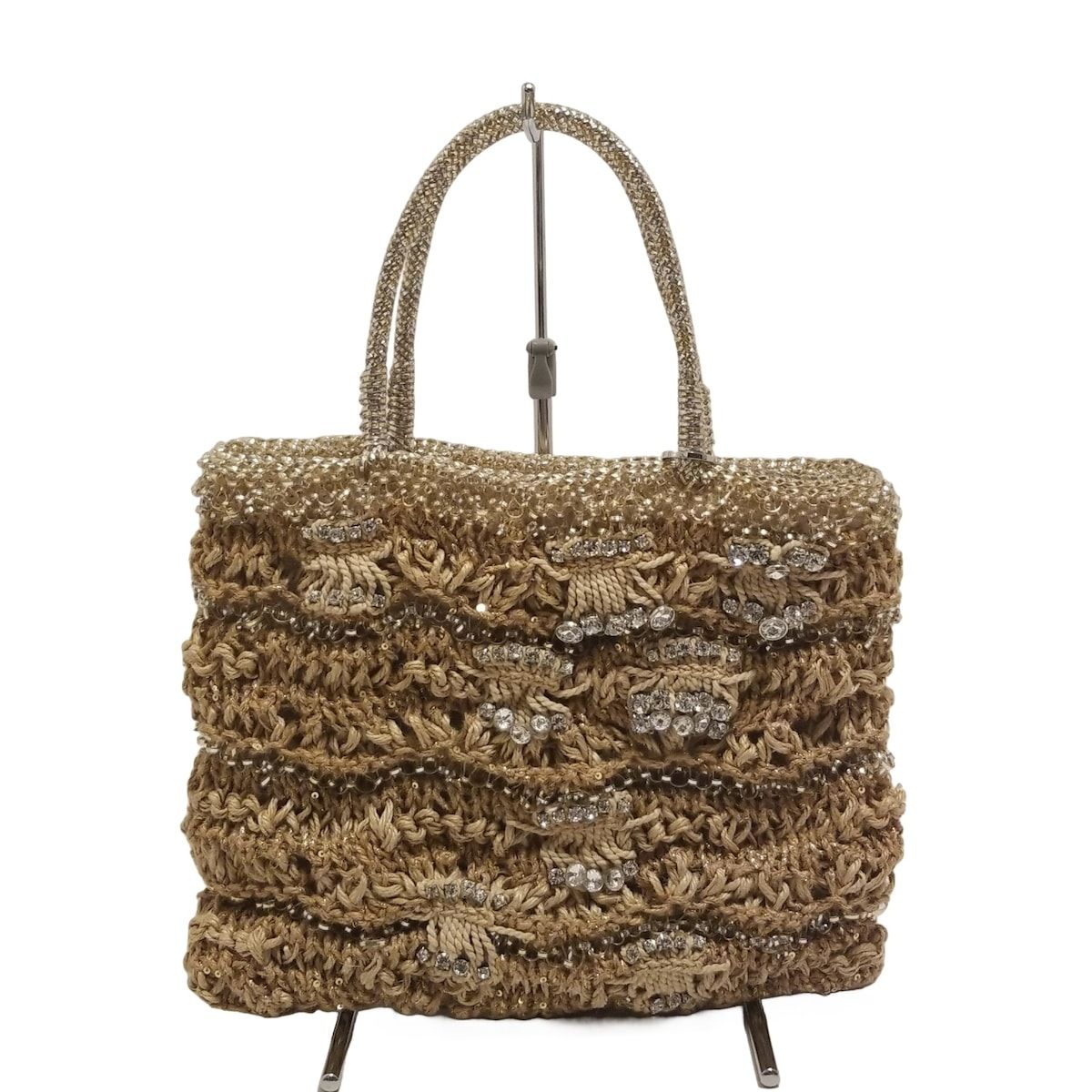 アンテプリマ トートバッグ リノ ディアマンテ ワイヤーバッグ シルバーゴールド×ベージュ ビジュー リネン