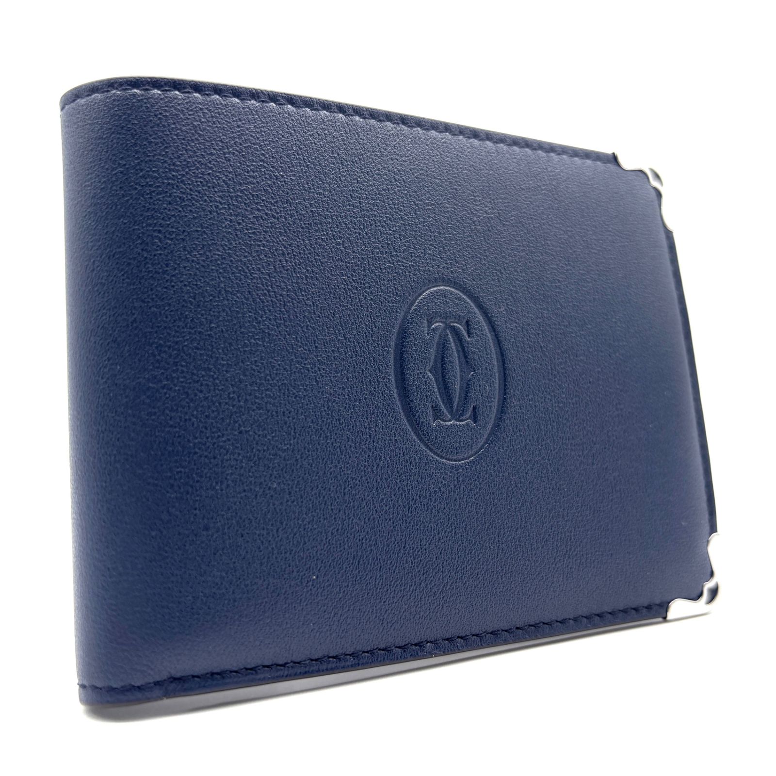 ♥保管品 激 Cartier カルティエ マネークリップ 折り財布 マストライン ロゴ 本革 レザー コンパクト 色 ビジネス メンズ ブルー