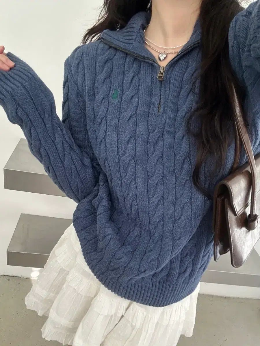 ポロラルフローレン ミュートブルー ケーブルニット ハーフジップアップ