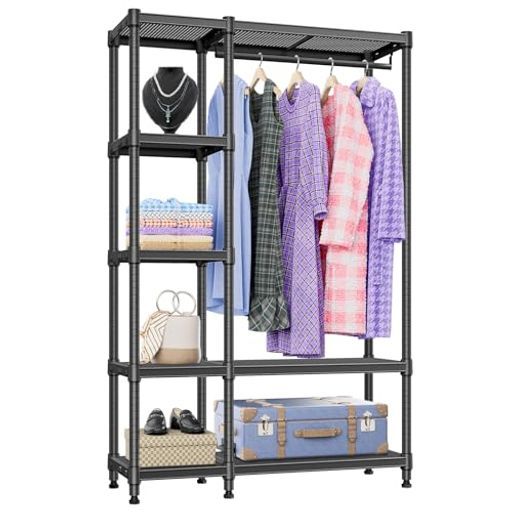 IZEUKハンガーラックスリム洋服ラック押入れ収納棚ハンガーパイプ付きガーメントハンガー棚付き多機能収納衣類工具不要突っ張りポールダブル高耐荷重耐久性頑丈ワイヤー衣類収納金属…