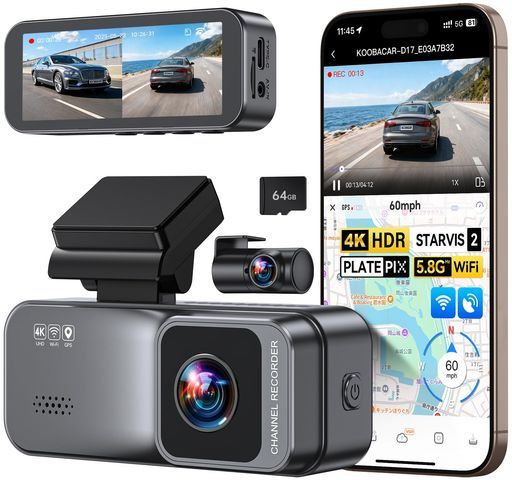 KooBaCarドライブレコーダー前後カメラ 4 K超強暗視 ナンバーくっきり録画 5.8 GHzWiFiスマホ連携3インチ液晶小型ドラレコ 搭載 WDR補正170°広角GPS-Gセンサー搭載