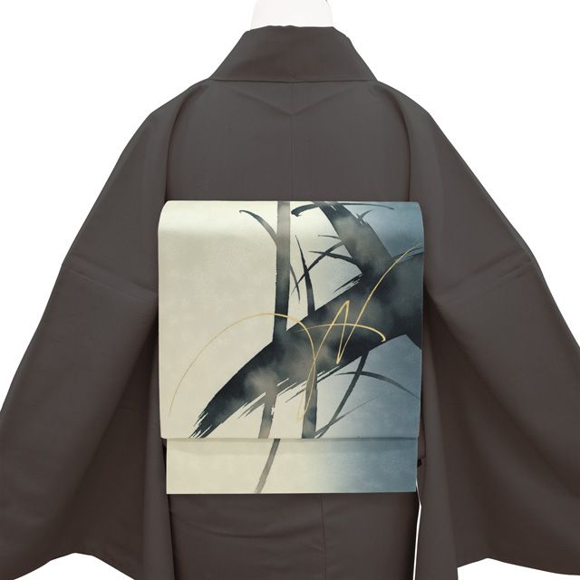 袋帯 リサイクル 染め帯 染帯 手描き 金彩加工 銀通し ブルーグレー 薄ベージュ 染め分け モダン ライン カジュアル 春 秋 冬 作家物のようなデザイン 上 仕立て上がり みやがわ sb 54970