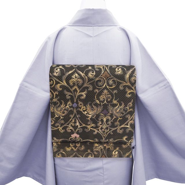 袋帯 ♥ 京都 西陣 黒地 茶ベージュ 洋風花唐草 向かい鳳凰文 やまと扱い カジュアル 春 秋 冬 素敵なデザイン 上質 仕立て上がり みやがわ sb 54968