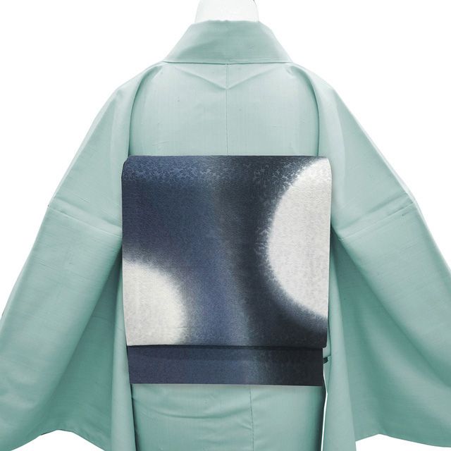 袋帯 ♥ 正絹 京都 西陣 染め帯 染帯 手ぼかし染 黒紺 濃グレー 白 丸文 半円 桜の地紋 長尺 ロングサイズ カジュアル 春 秋 冬 上質 仕立て上がり みやがわ sb 54966