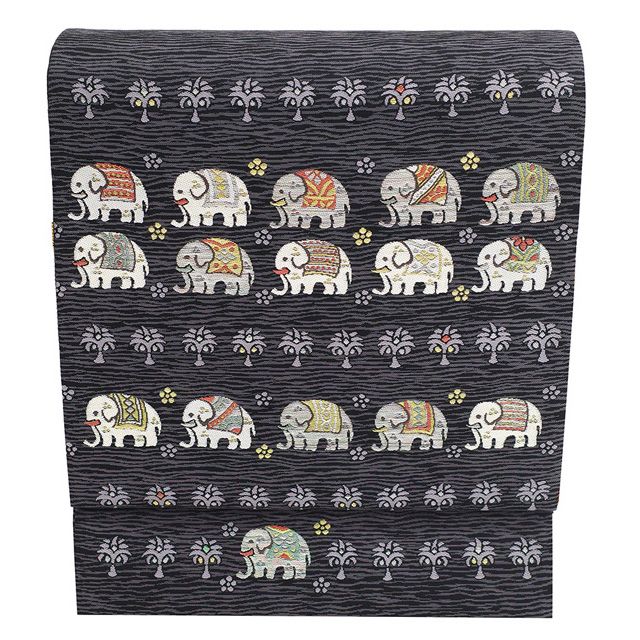 袋帯 リサイクル 正絹 京都 西陣 まいづる 金銀糸 黒グレー インド象 ヤシの木 小花 織り柄 カジュアル 春 秋 冬 ぞう ゾウ 象 動物 上質 仕立て上がり みやがわ sb 54967