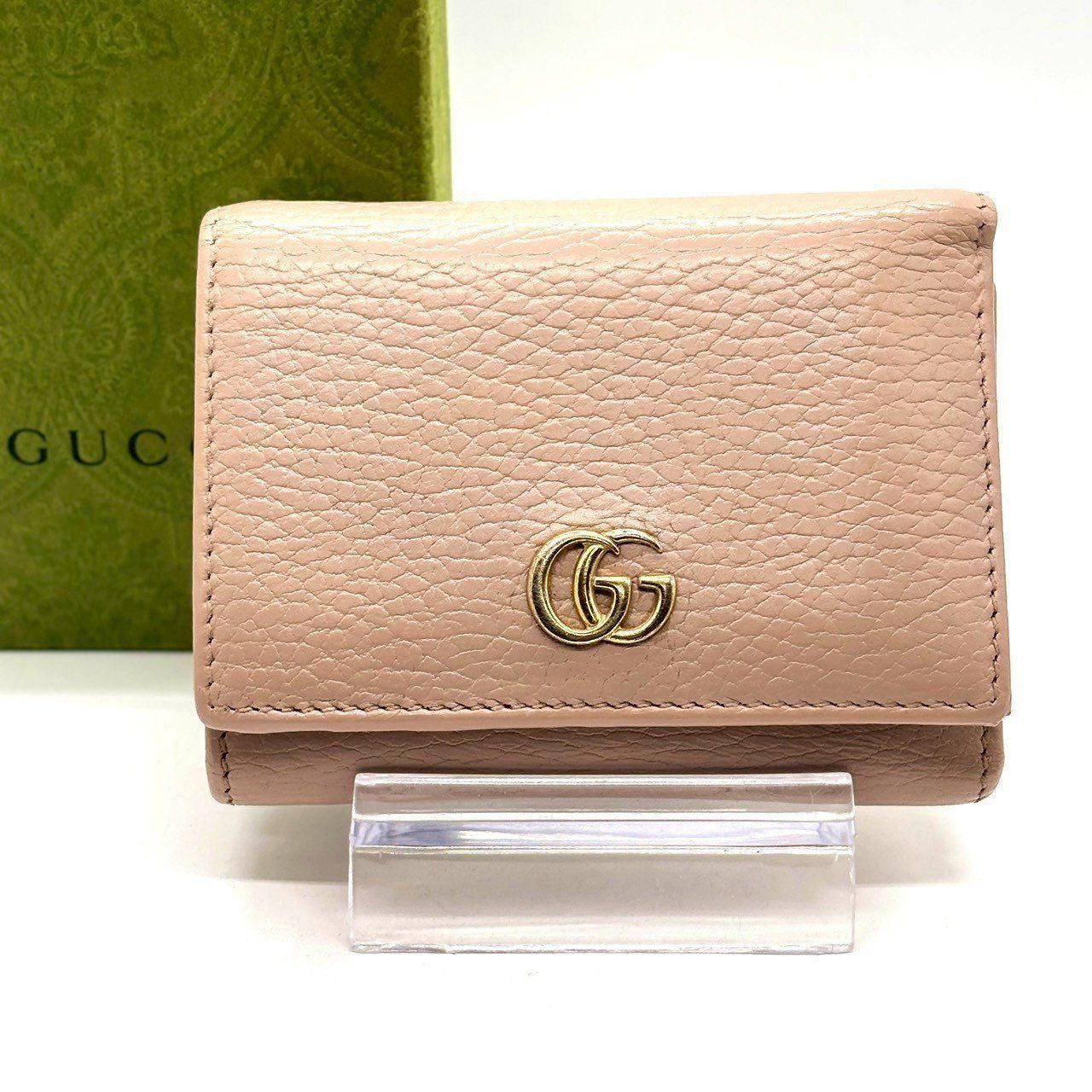 【美品】GUCCI グッチ GGマーモント 三つ折り財布 ピンクベージュ レザー GGマーモント レザー三つ折りミニ財布 ピンク ユーズド|グッチ GUCCI