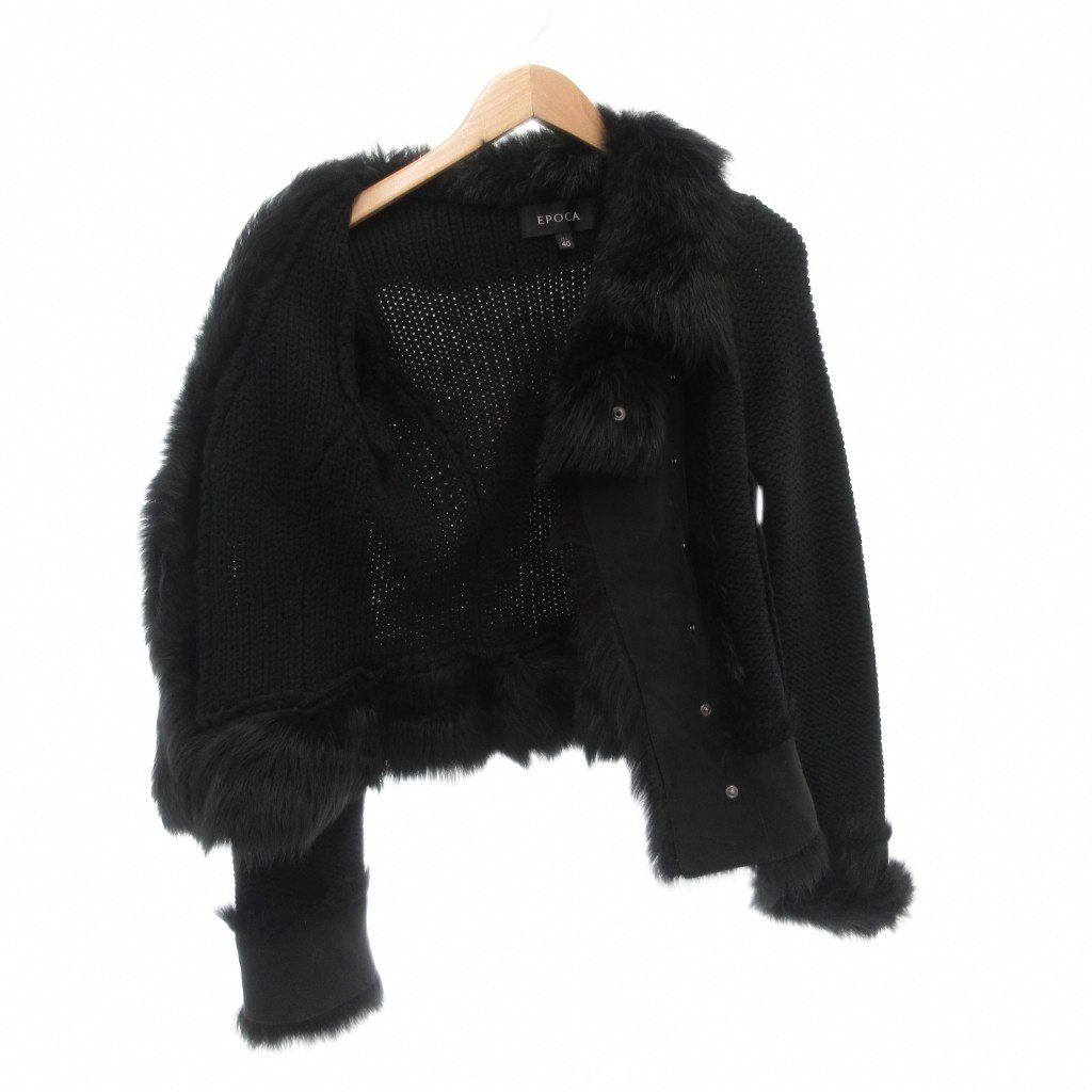 エポカ EPOCA ニットジャケット 40 ウール レザー切替 黒 ブラック /AE