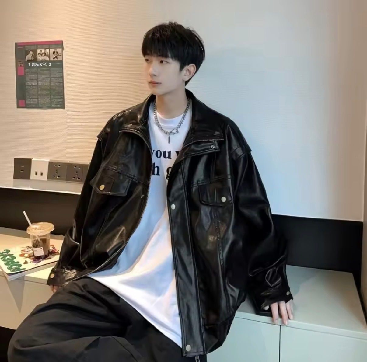 厚手 PUレザージャケット 韓国 ストリート モード Y2K ユニセックス 