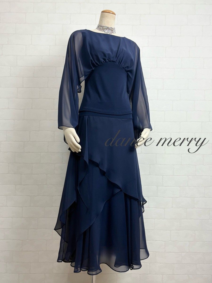 新品 社交ダンス 紺 ネイビー ツーピース シフォン パーティ