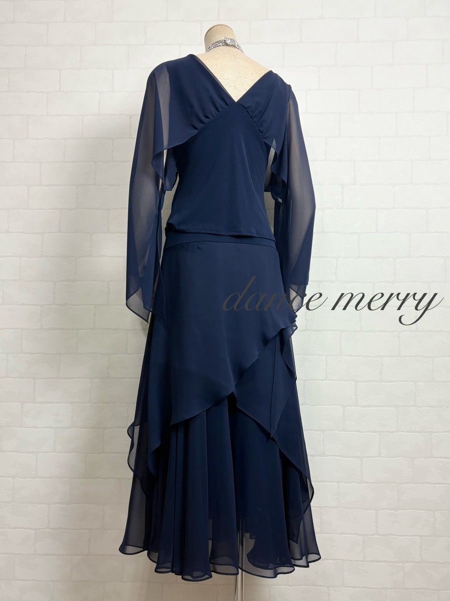 新品 社交ダンス 紺 ネイビー ツーピース シフォン パーティ