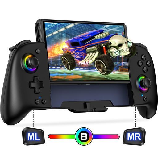 スイッチコントローラー8色RGBライトマクロ機能携帯モード専用コントローラーforNintendoSwitchグリップコントローラープログラム編集ジャイロセンサー振動連射無線1000mAh大容量Switch/OLEDに対応