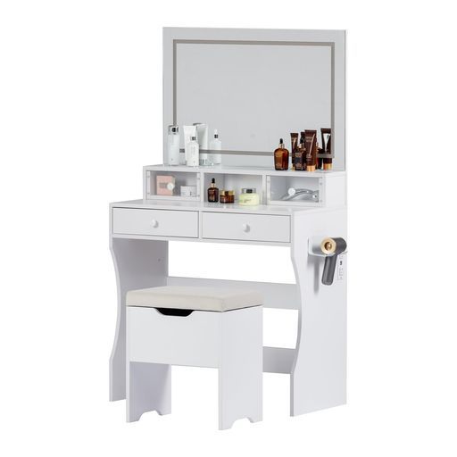 VECELO ドレッサー 化粧台 鏡台 幅80cm 三色調節可LED コンパクト VECELOドレッサー化粧台鏡台収納スツール付き幅80cm三色調節可LED