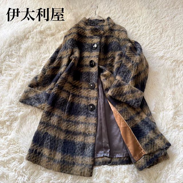 日本製 伊太利屋 シャギー調 コート 総柄 大きめビジューボタン スタンドカラー マルチカラー 上品 お洒落 大人可愛い