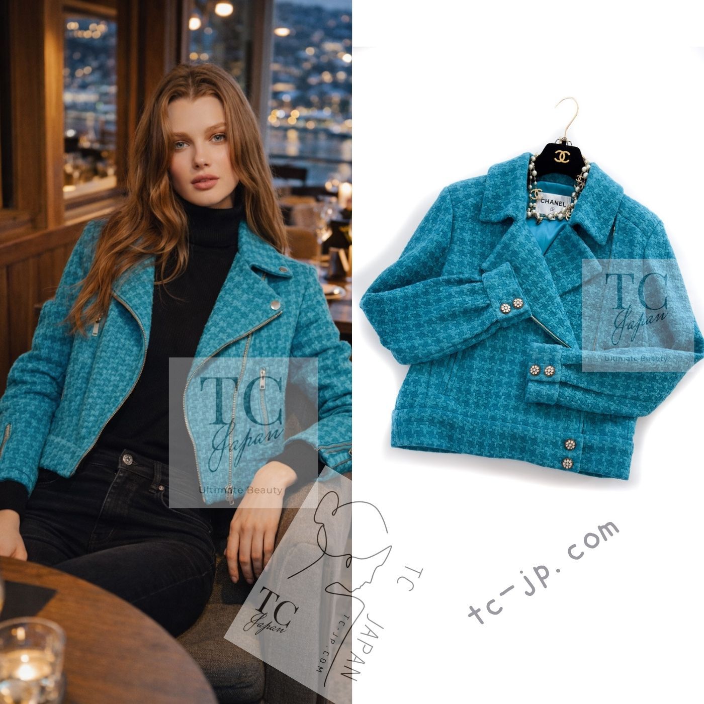 シャネル ジャケット CHANEL ブルー ライダース ウール ツイード 秋冬 53万 カール ラガーフェルド 超 36 38 40