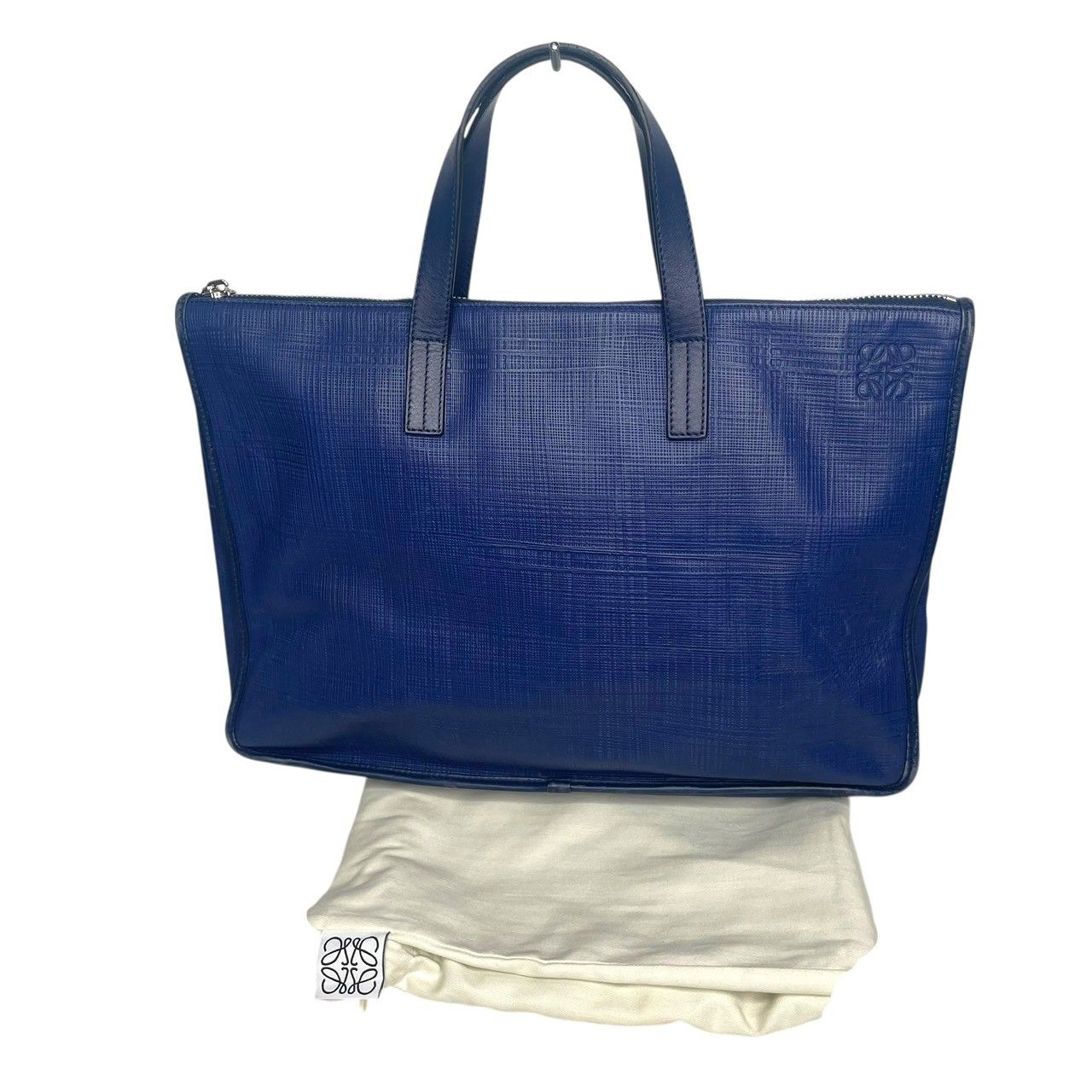 ●LOEWE ロエベ アナグラム ビジネスバッグ ブリーフロゴ型押し 牛革 A 4 書類 レザー ブルー 青 金具