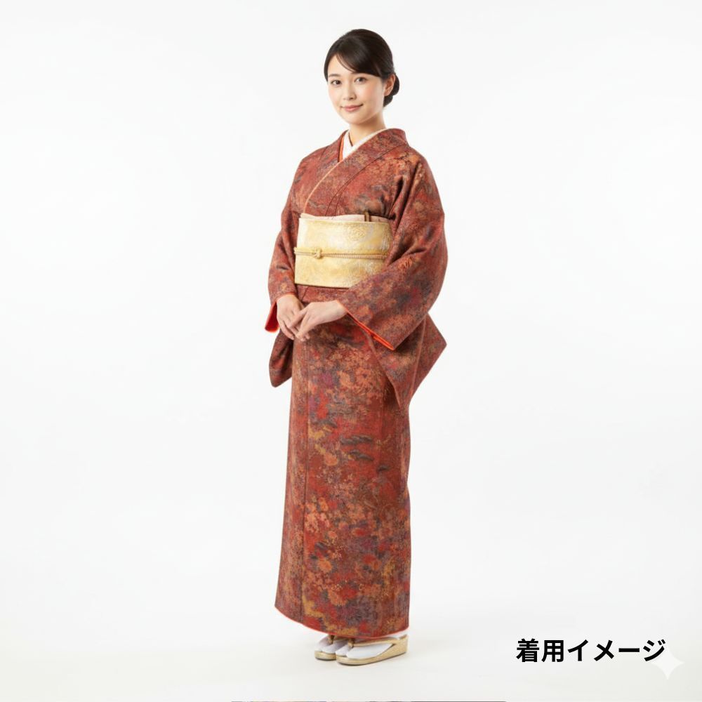 小紋 正絹 リユース 深みのある赤茶に彩り豊かな草花模様 109-03-8 8050-00518