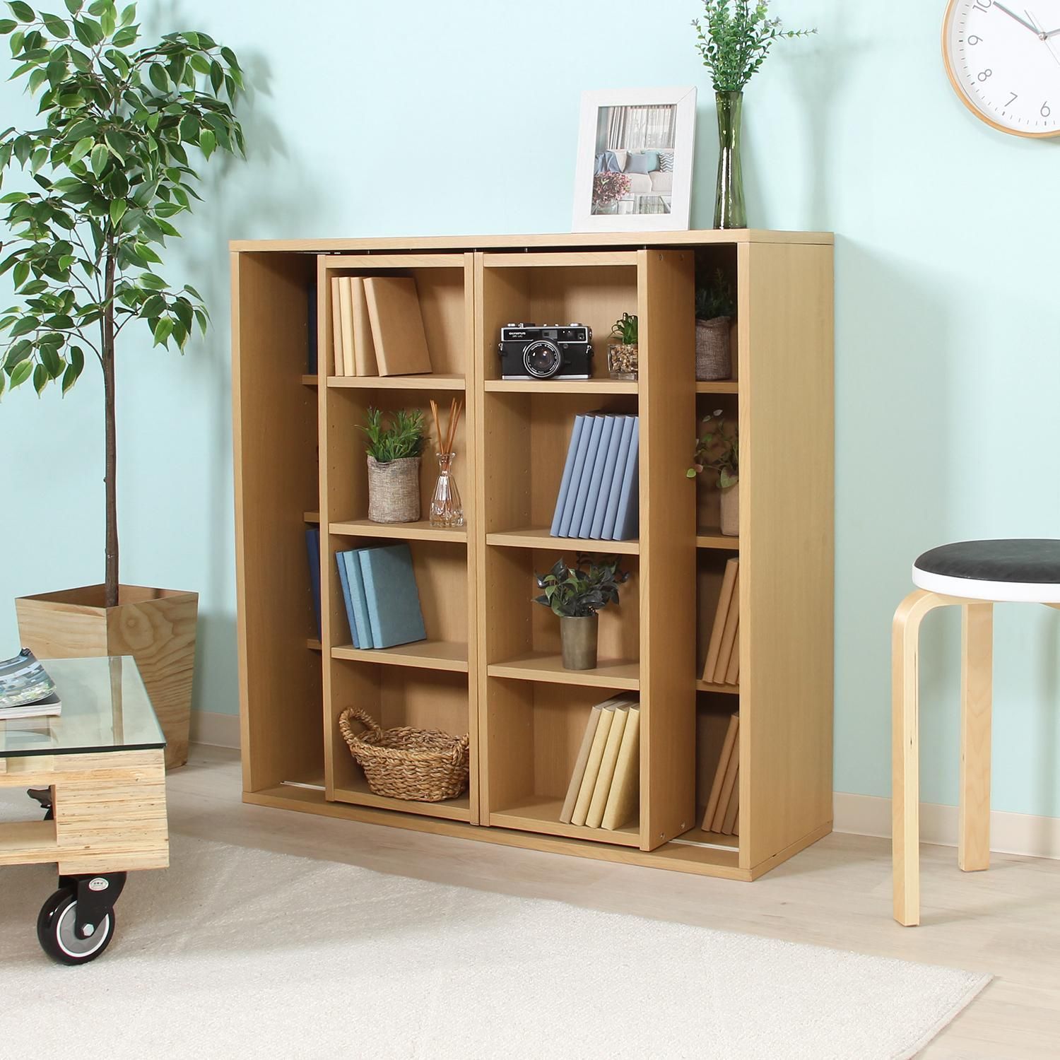 ♪スライド式 漫画ラック ナチュラル 幅89 cm まんが コミック 本棚 シェルフ ブックスタンド