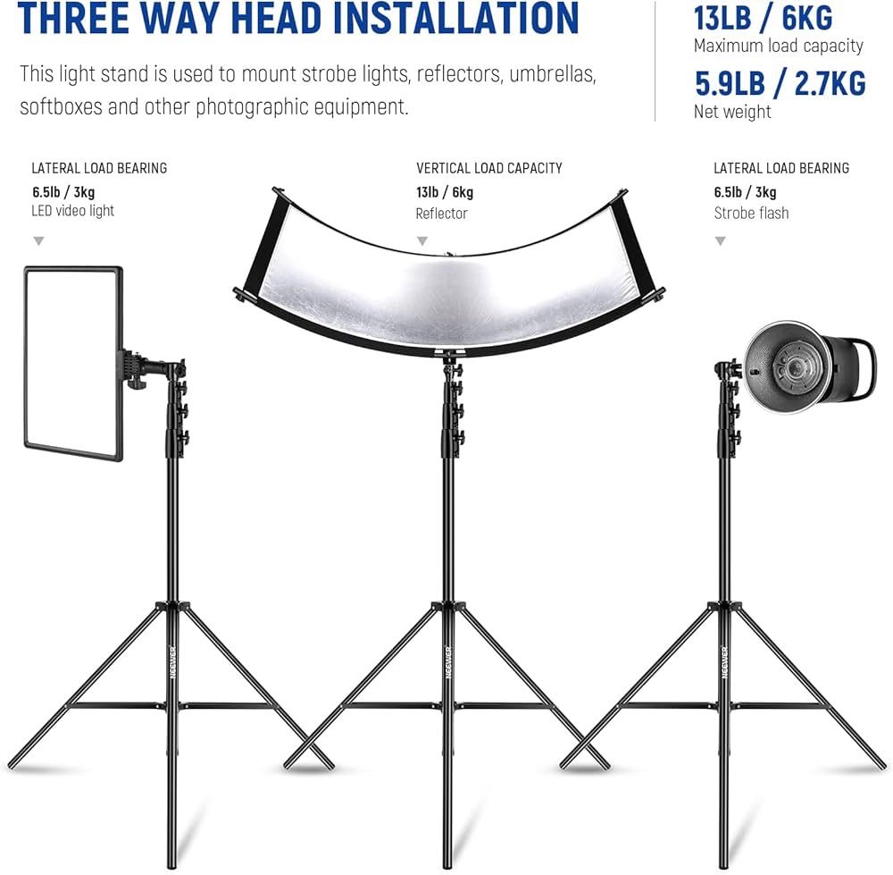  NEEWER 13 ft|400 cm エアクッションライトスタンド 頑丈な金属製写真三脚スタンド 1|4 ~3|8 リバーシブルネジアダプターと3ウェイ取り付けインターフェース付き 最大荷重 6.5 lb|3 kg ST-400 AC 三脚 カメラアクセサリー