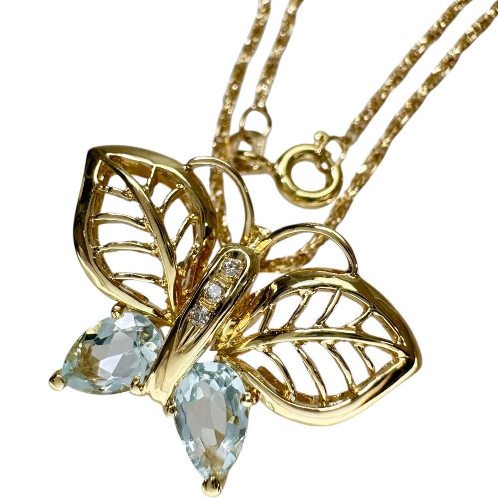 蝶|バタフライモチーフ アクアマリン ダイヤモンド ネックレス K 18ゴールド 18金 5.4 g 40 cm レディース NN