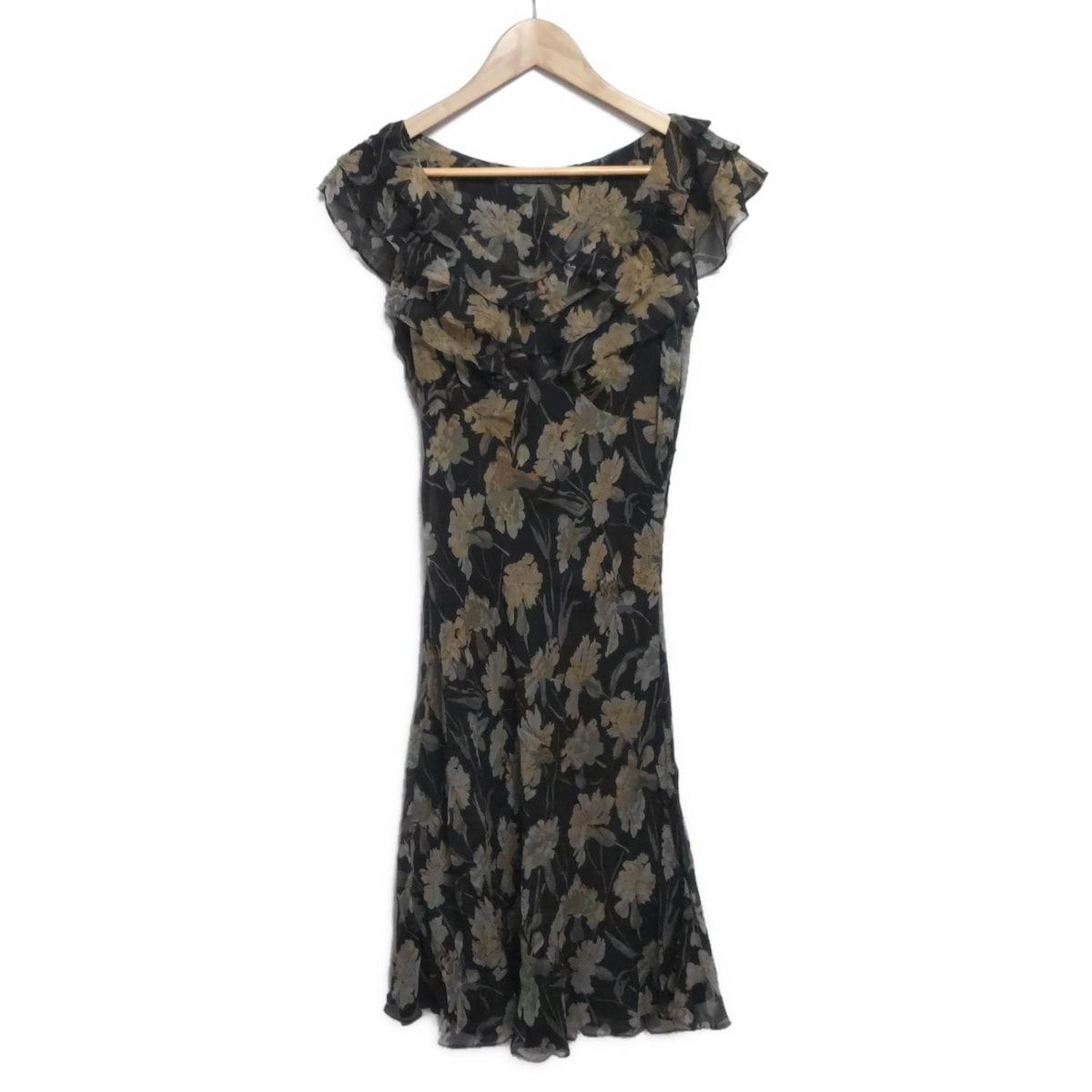 POLObyRalphLauren ポロラルフローレン ワンピース サイズ2 S レディース - 黒×ベージュ×マルチ Vネック|半袖|ひざ丈|花柄|フリル