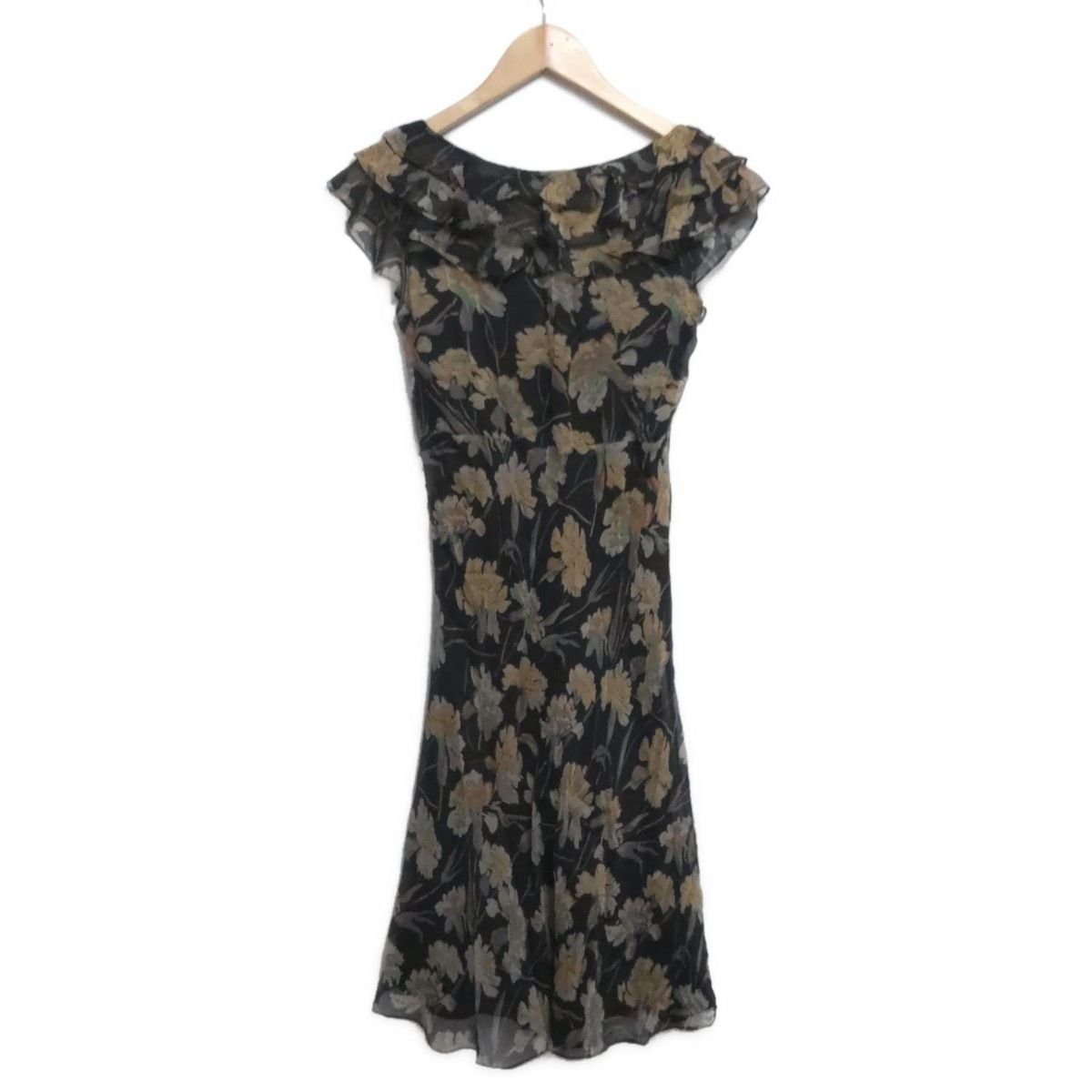 POLObyRalphLauren ポロラルフローレン ワンピース サイズ2 S レディース - 黒×ベージュ×マルチ Vネック|半袖|ひざ丈|花柄|フリル