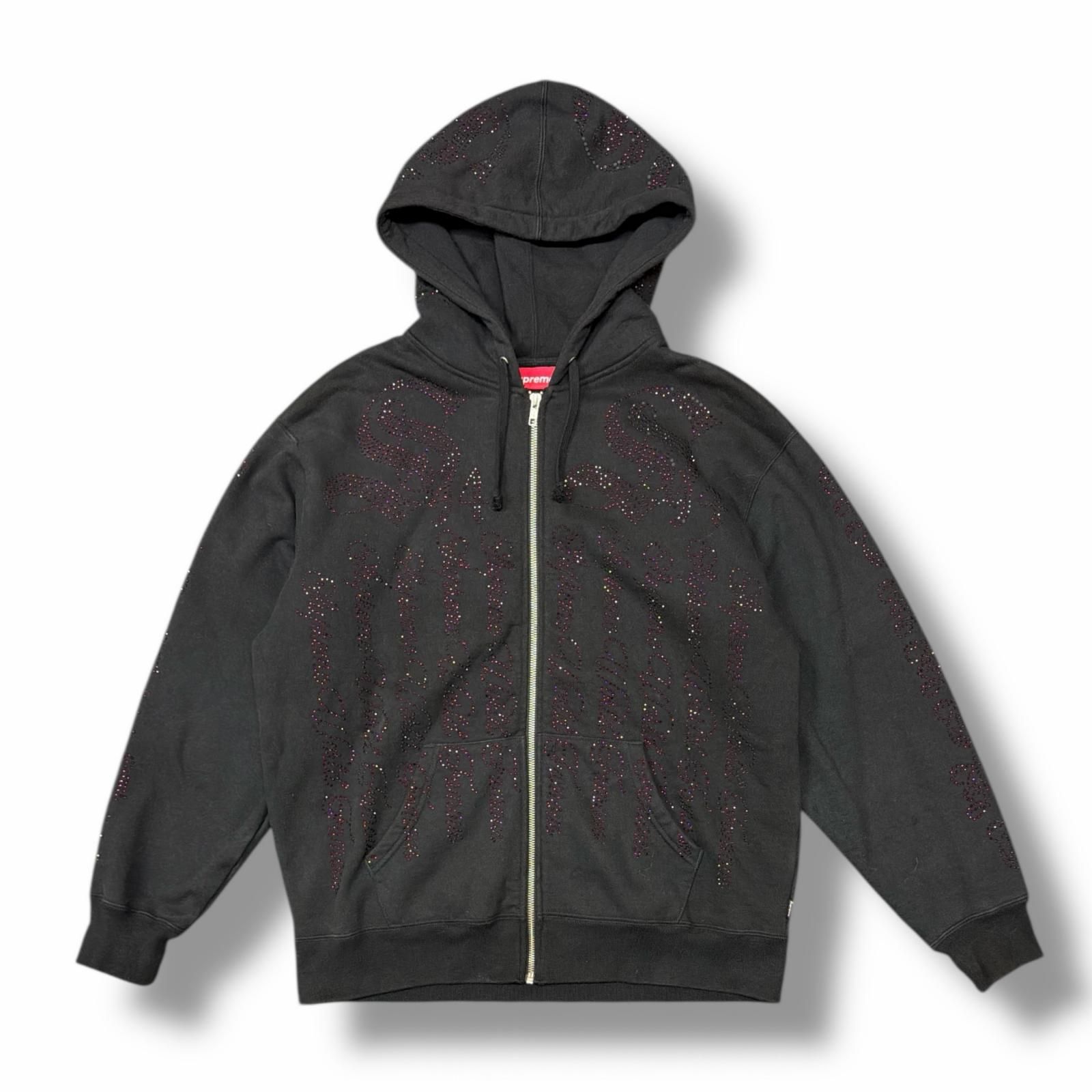 正規 Supreme 22 SS Rhinestone Zip Up Hooded Sweatshirt ラインストーンジップアップフーディー スウェットパーカー シュプリーム ブラック S 6304 M
