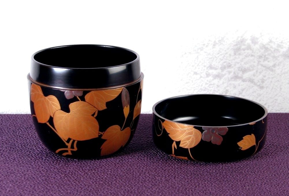 山中塗 坂下雄峰作 中棗 夕顔蒔絵 共箱・共布 美品 茶道具/26a014