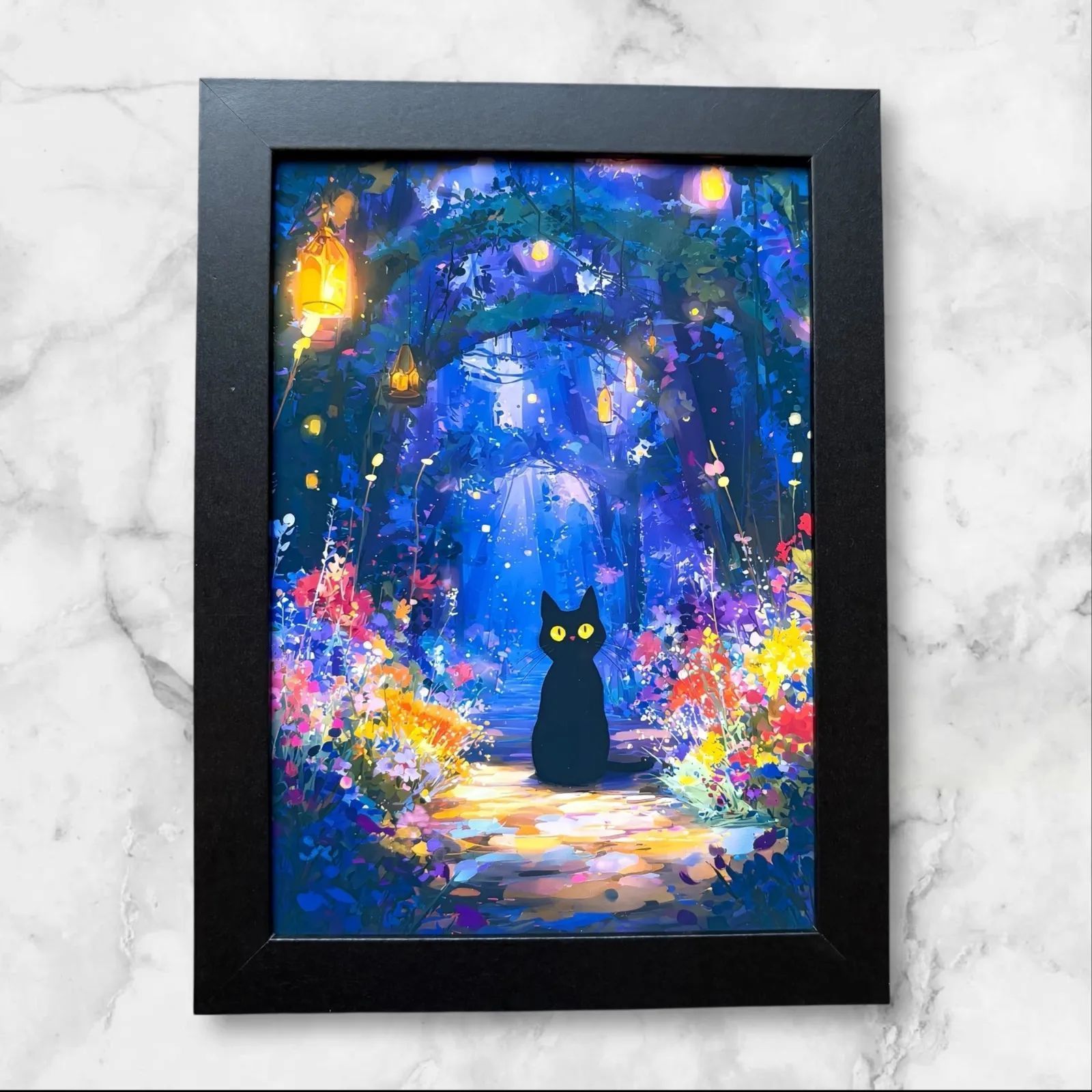 黒猫 ファンタジー アート 絵画 夜景 インテリア 2L額付き 置き型