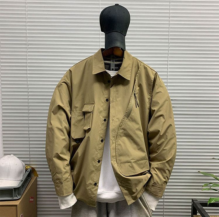 ♥ 無地 多ポケット 長袖シャツ ライトアウター メンズ 春 ルーズフィット K