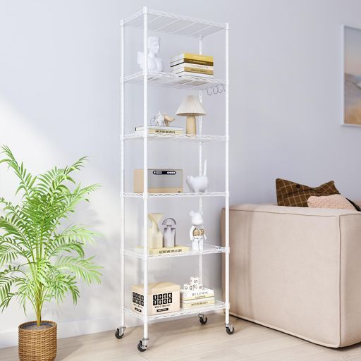 NATRKEメタルラック6段ホワイトキャスター付きスチールラックスチールシェルフワイヤーラック置物架大容量防錆傷つきにくいおしゃれ省スペース棚耐荷重240 kg幅54 x奥行29 x高さ165.5 cm