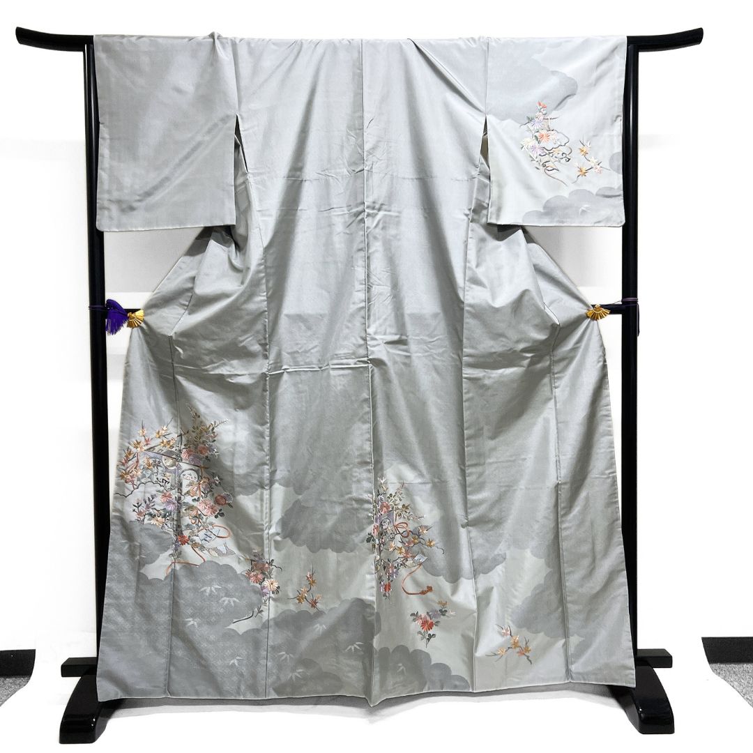大島紬 訪問着 刺繍 菊 桔梗 楓 水引 紋無し 着物 012b d ms 大島紬 訪問着 刺繍 菊 桔梗 楓 水引 紋無し 着物 012b d ms