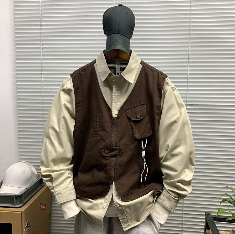 ♥ デザイン性フェイクレイヤード ベスト風 長袖シャツ ライトアウター メンズ 春秋 K